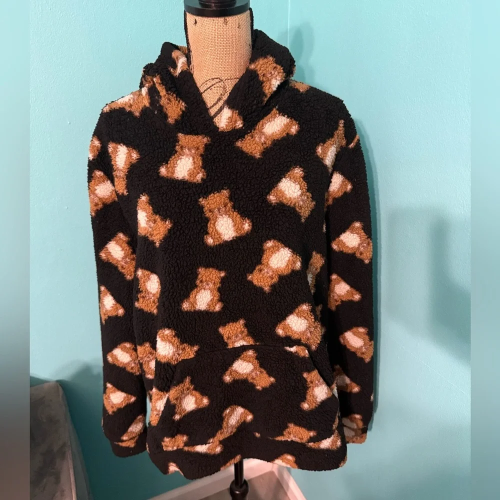Hot Topic Pullover Sherpa Hooded Jacket with Teddy Bear Pattern Size Medium